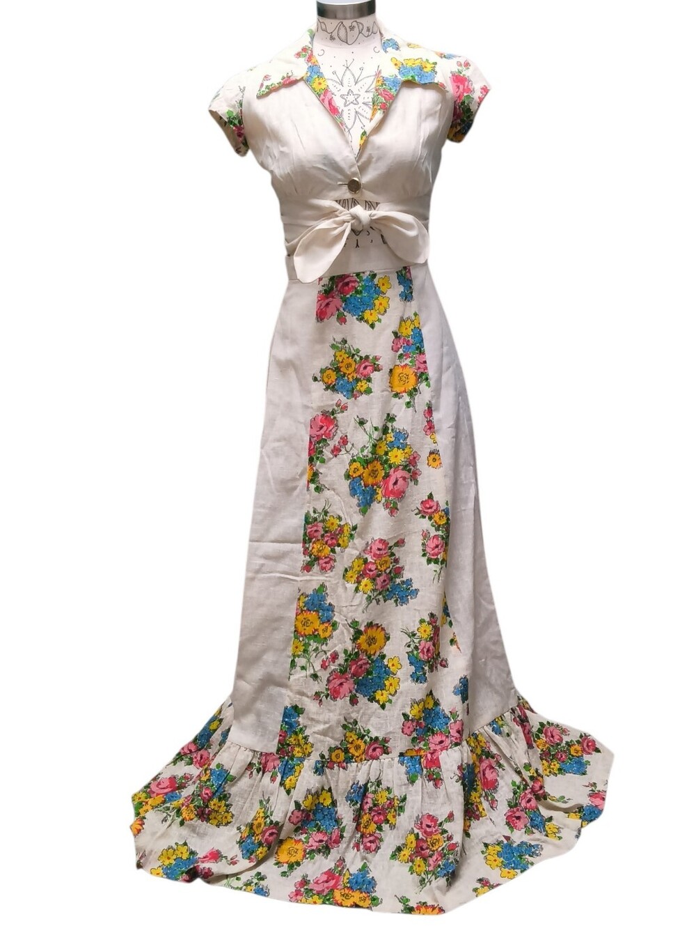 Rare 2-piece Vintage 70's Contempo Casual Prairie Floral Linen Blend Maxi Set